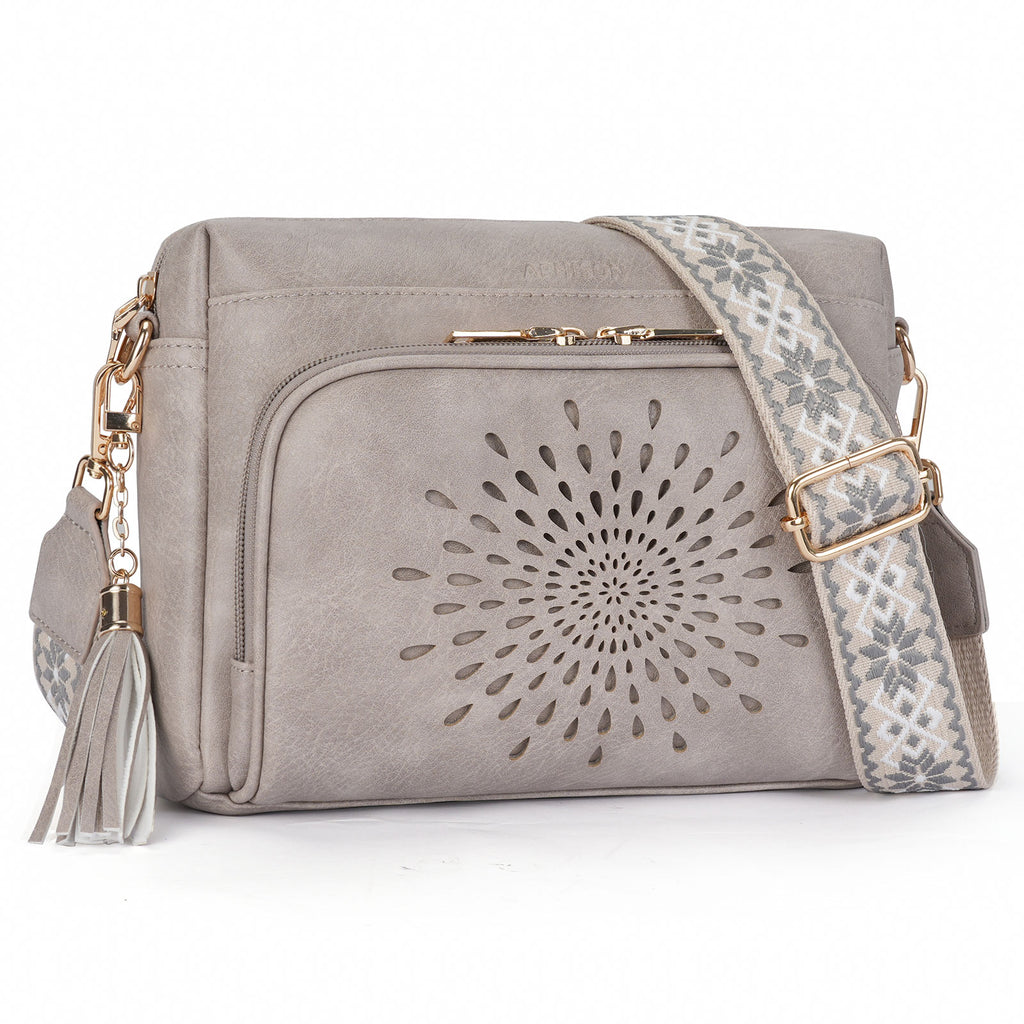 Sunflower Design Crossbody Bags for Women PU Leather Purses Small Shoulder Handbags with Wide Strap（GREY1） APHISON