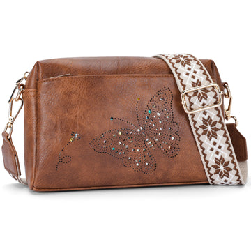 Butterfly design Triple Zip Small Crossbody Bag for women,Wide Strap Cell Phone Shoulder Handbag Travel Purse Built in Wallet（BROWN）（复制） APHISON