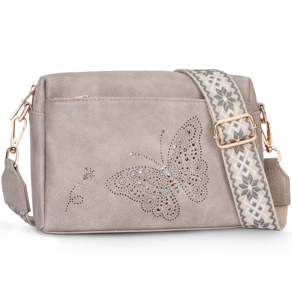 Butterfly design Triple Zip Small Crossbody Bag for women,Wide Strap Cell Phone Shoulder Handbag Travel Purse Built in Wallet（GRAY）（复制） APHISON