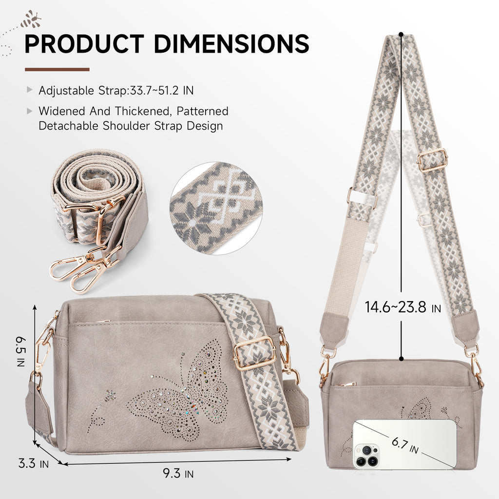 Butterfly design Triple Zip Small Crossbody Bag for women,Wide Strap Cell Phone Shoulder Handbag Travel Purse Built in Wallet（GRAY）（复制） APHISON