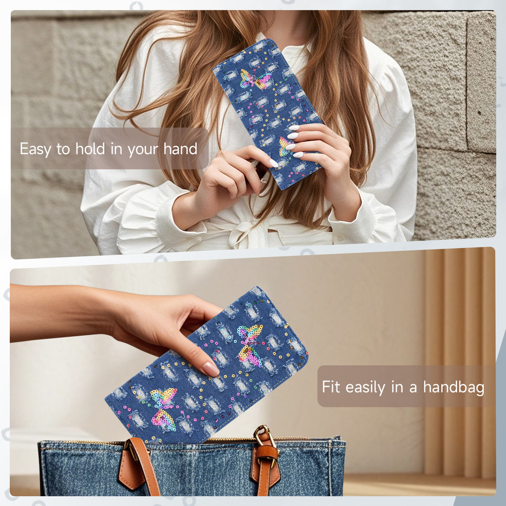 Butterfly Denim Womens Fashion Bifold Around Wallet Jean Denim Long Purse Credit Card Holder Ultra Slim Ladies Wallets（BH-BLUE）（复制） APHISON