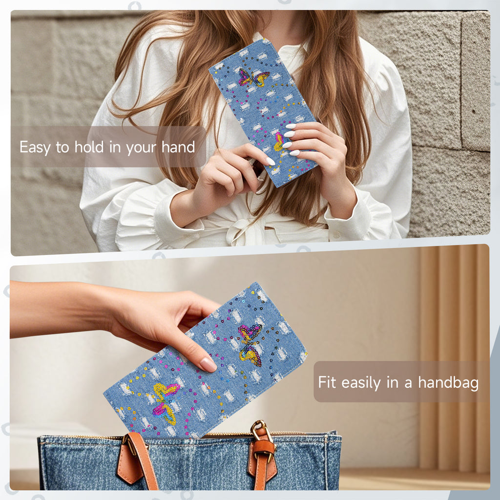 Butterfly Denim Womens Fashion Bifold Around Wallet Jean Denim Long Purse Credit Card Holder Ultra Slim Ladies Wallets（BH-LIGHTBLUE）（复制） APHISON